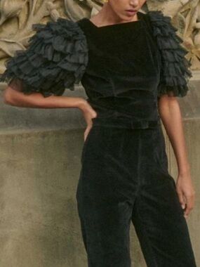 DÔEN Heirloom Black Ruffle-Sleeve Clarette Top Velvet and Silk Sz XS